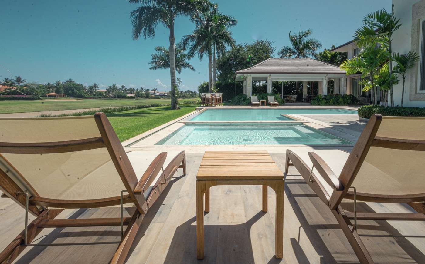 A villa terrace looking out across the fairway