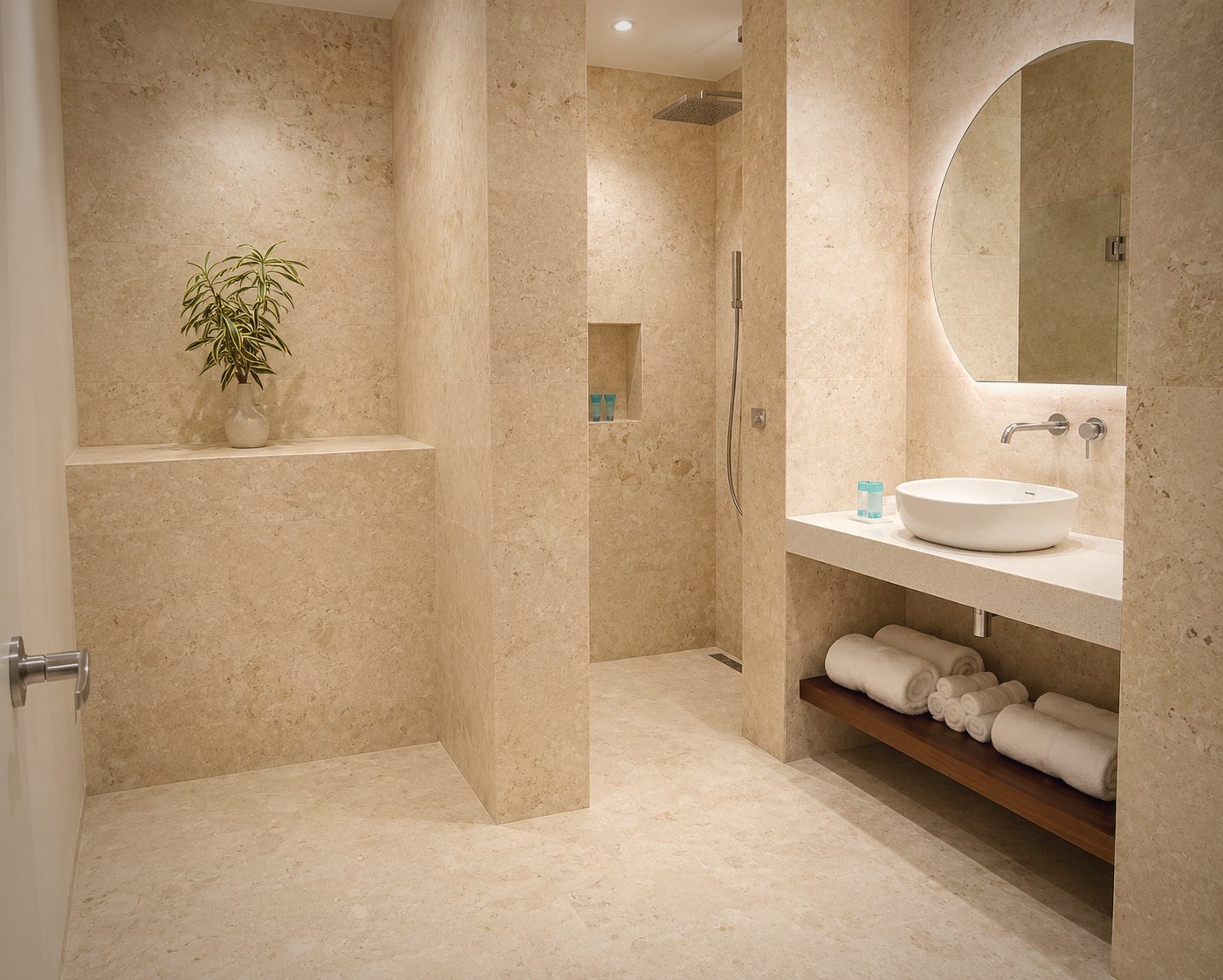 Walk-in shower, coral stone, Villa Aurelia, Casa de Campo