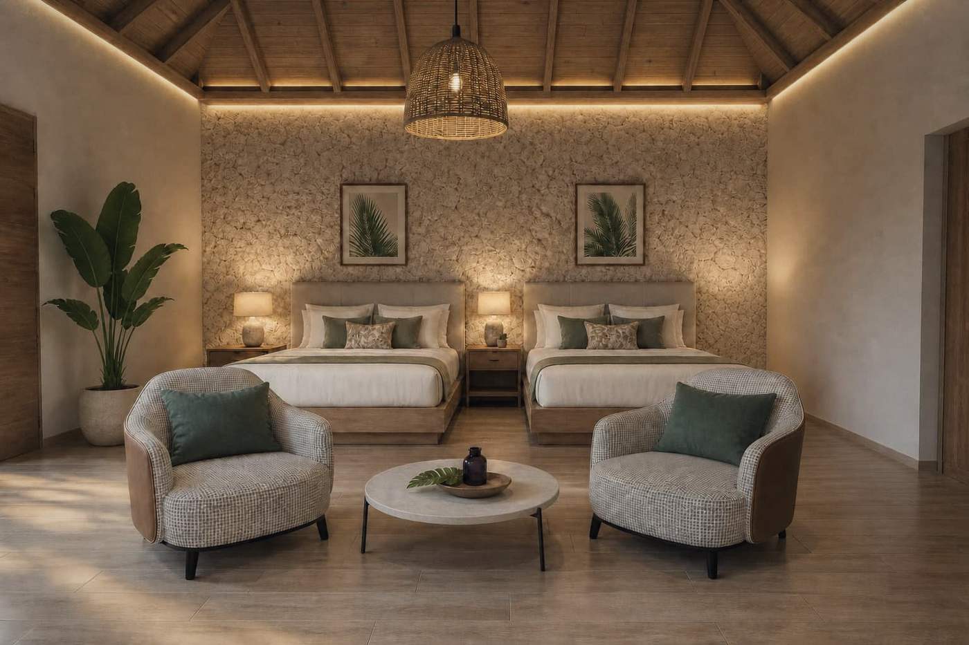 A bedroom under exposed beams